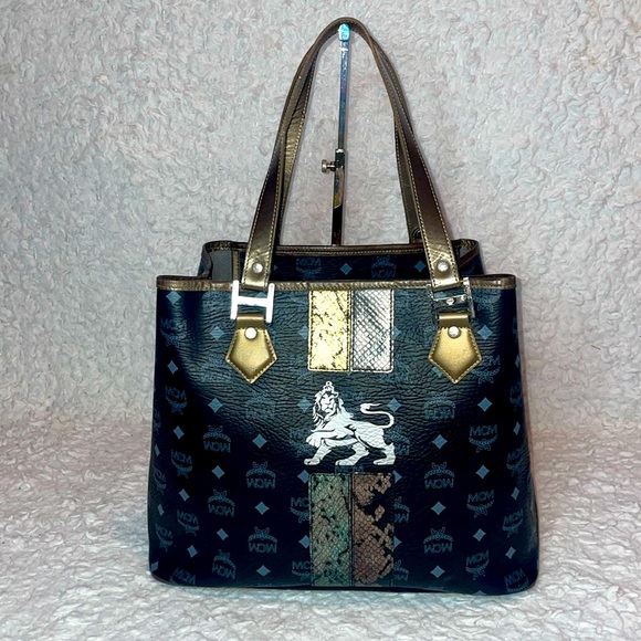 MCM Handbags - MCM Visetos Monogram Princess Lion Snakeskin Stripe Shoulder Bag Tote in Black